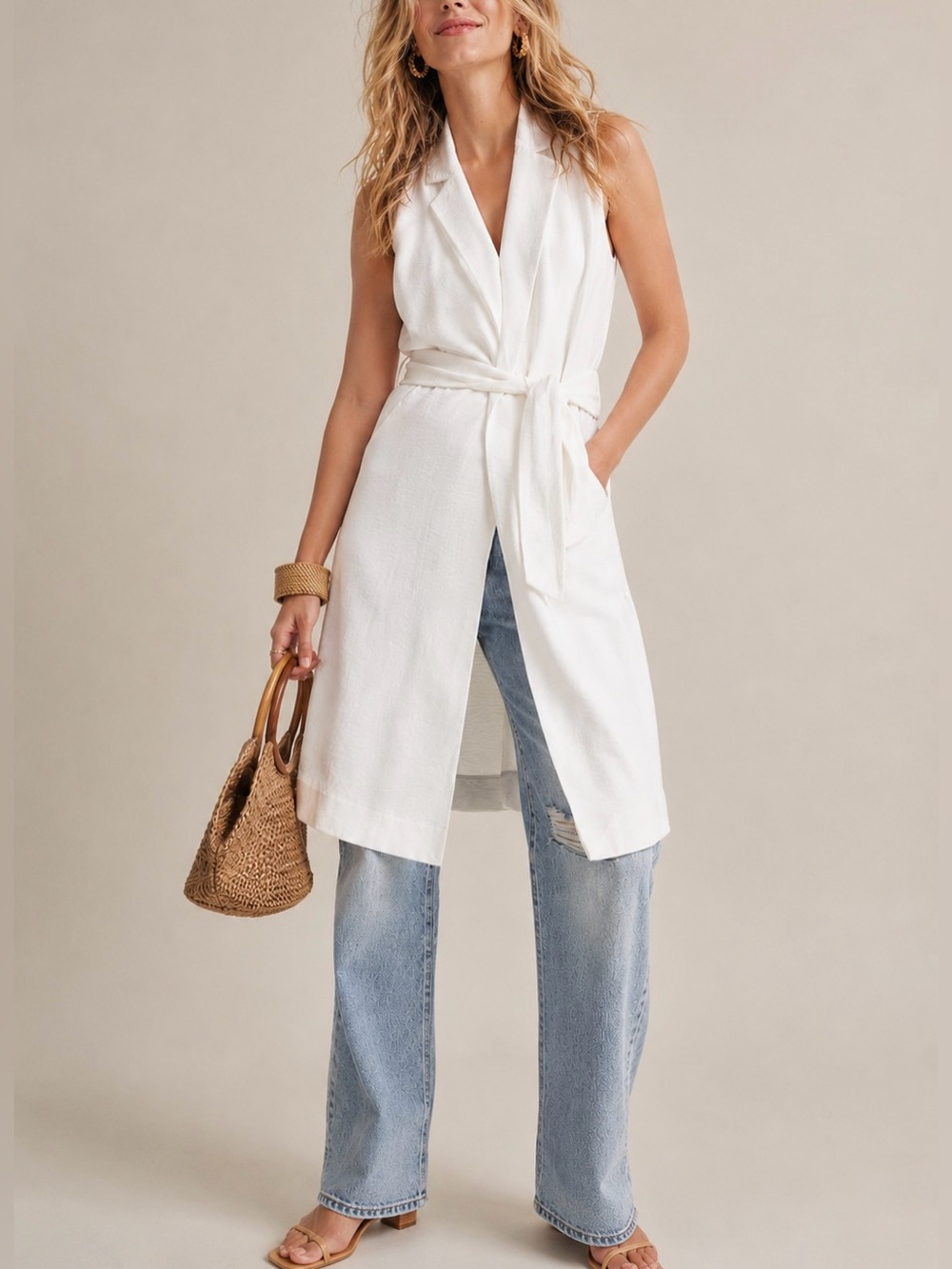 By Anthropologie Draped Longline Vest Sleeveless White M/L Minimalist Classic